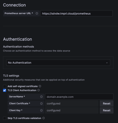 A screenshot showing the data source configuration in Grafana